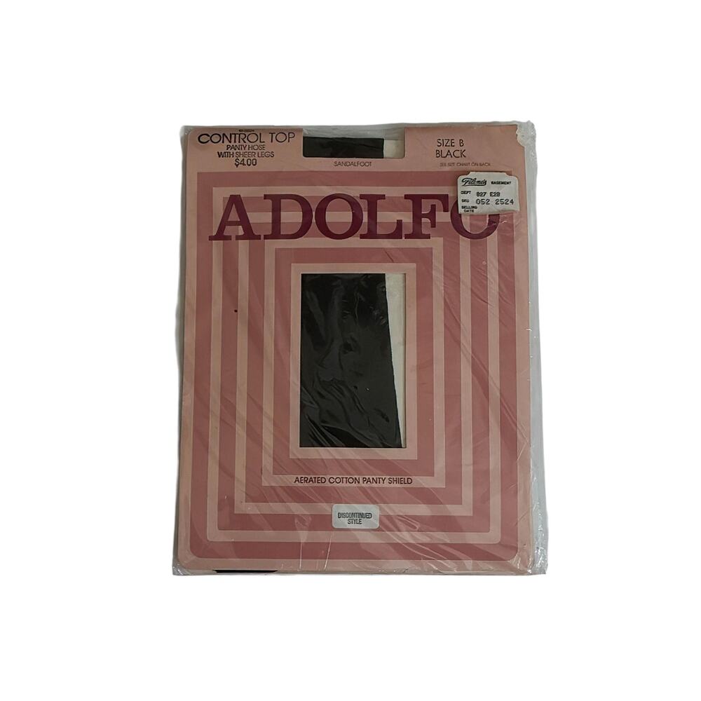 1990s NIP Adolfo Control Top Sheer Leg Sandalfoot Black Fashion Pantyhose Size B